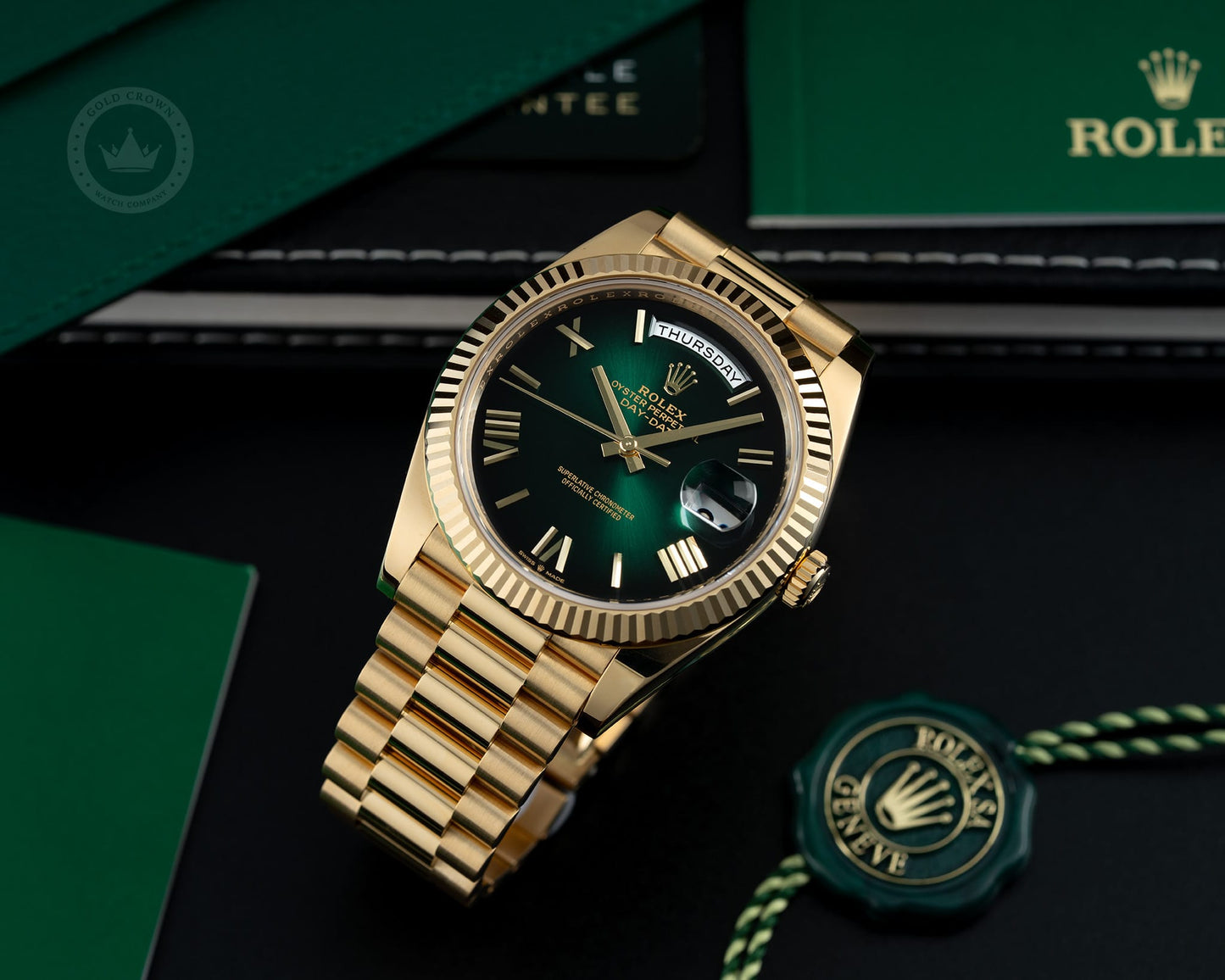 Rolex Day-Date 228238 “Green Ombre” Watch and Paper